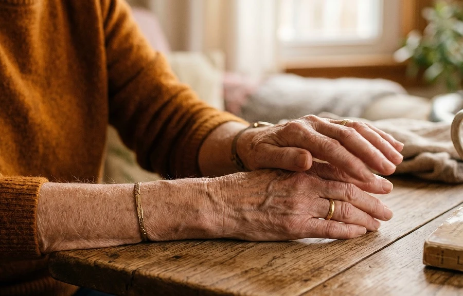 Older person's folded hands resting on a wooden table