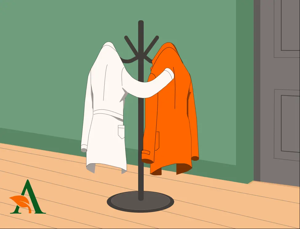 Illustration of a white coat and an orange jacket on a coat rack