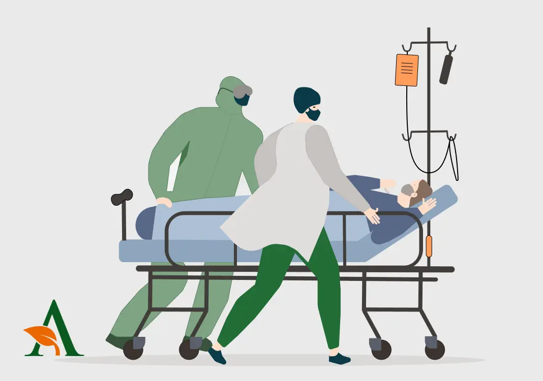 Ilustración de personal médico trasladando a un paciente en una camilla.
