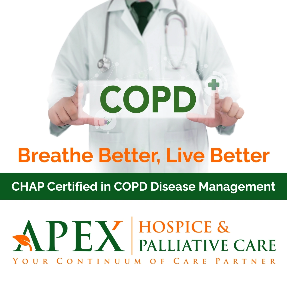 EPOC: Respire mejor, viva mejor. APEX Hospice and Palliative Care, certificado por CHAP en el manejo de la enfermedad EPOC.