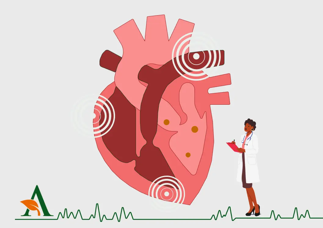 Illustration of a large heart with a doctor holding a clipboard beside it