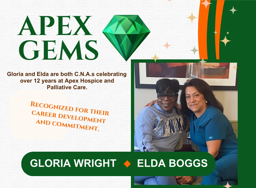 APEX Gems: Gloria Wright and Elda Boggs, C.N.A.s celebrating over 12 years at APEX Hospice and Palliative Care