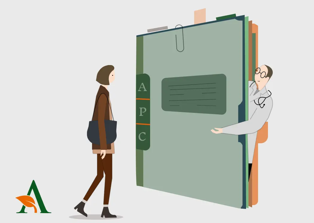 Illustration of a woman walking toward a large door marked APC