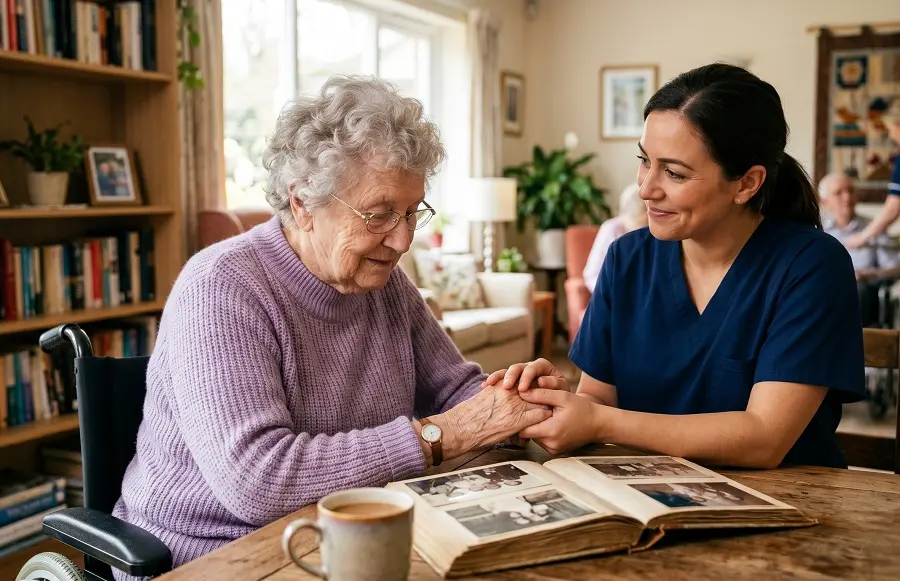 Una cuidadora sostiene las manos de una anciana mientras miran un álbum de fotos.